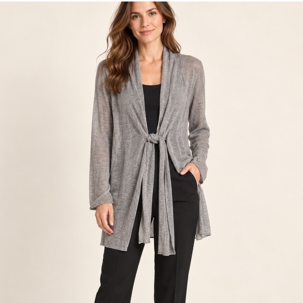 Doncaster Collection Cardigan Womens L Gray 100% Linen Open Front Coastal Chic
